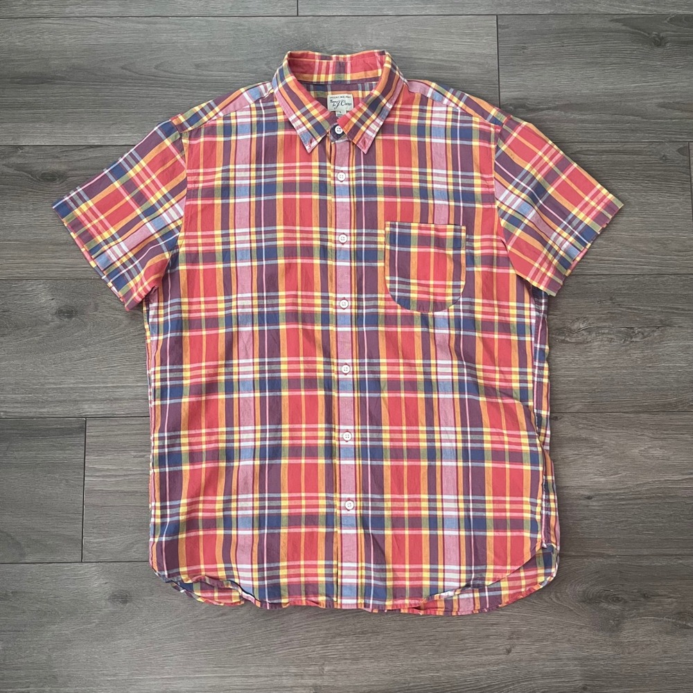J.Crew Mens Large Indian Madras Plaid Short Sleeve Button Down Shirt Red Yellow